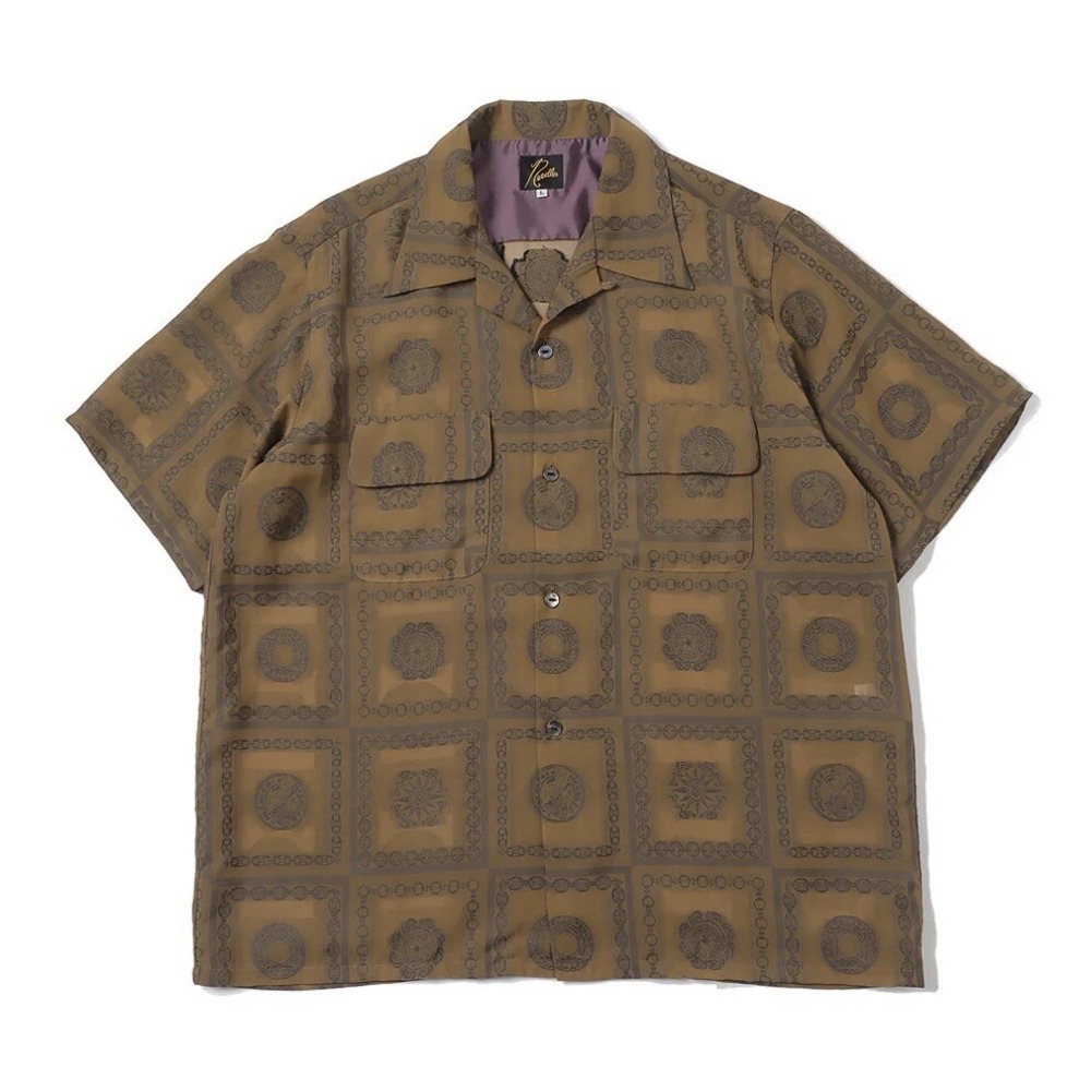 Needles Nepenthes Classic Camp Shirt Mens S Olive PE/R Chain Border Jacquard NWT